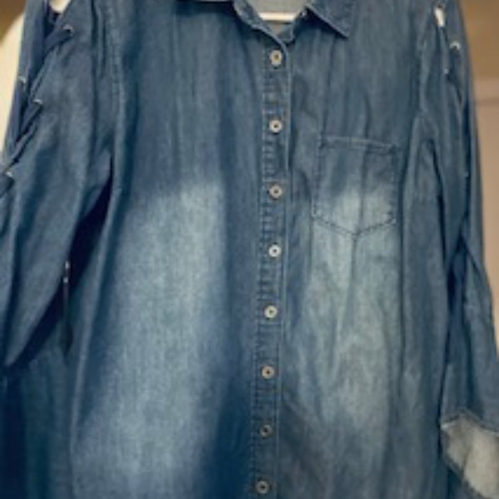 DG2 Blue Jeans Top with braided and ties on sleeves